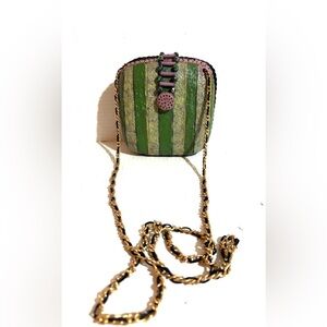 Mary frances 80s green & pink striped beaded with chain strap crossbody Bag